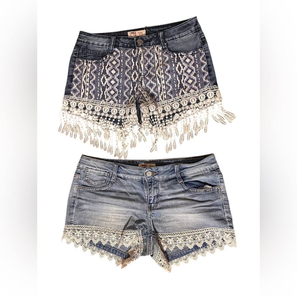 LEI Blue Jean Shorts with Lace Fringe